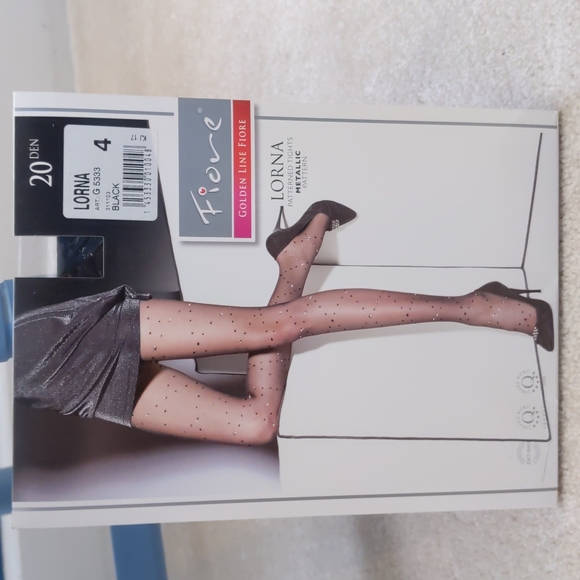 NWT Patterned Metallic Patterned Tights, Black, Large, Fiore Lorna Style - Picture 2 of 3